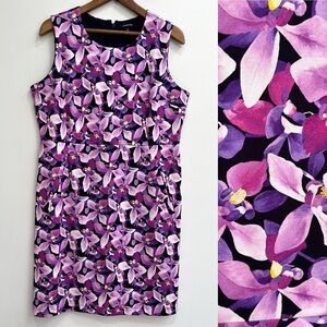 Lands End Jet Black Purple Floral Sleeveless Sheath Dress Pont Knit Orchid 16